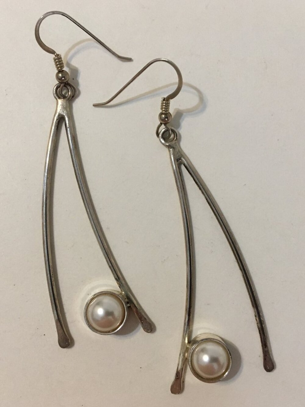 Single White Pearl Earrings Sterling Silver Handcrafted Designer Pierced Dangle
